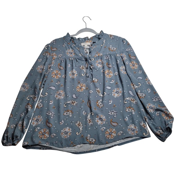 LOFT Outlet Petite Blouse Blue Floral Paisley Ruffle Neck Long Sleeve - Picture 1 of 13